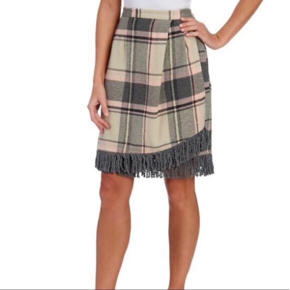 FOR CYNTHIA Skirt Wool Blend Faux Wrap Fringe Plaid Business Casual Office Large - Picture 1 of 10